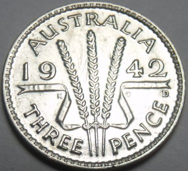 Australia 1942-D 3 Pence Unc Silver~Free Shipping