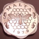 Rare Cameo Proof Malta 1979 3 Mils~Bee and Honeycomb~Only 6,726 Minted~Free Ship