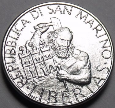 San Marino 50 Lire 1994 Gem Unc~Stone Cutter Holding Hammer And Chiesel~Rare~FS