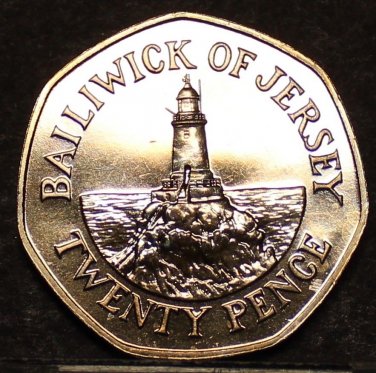 Jersey 25 Pence, 1987 Gem Unc~RARE~100,000 Minted~Lighthouse @ Corbiere~Fr/Ship