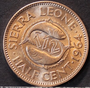 Sierra Leone 1/2 Cent, 1964 Gem Unc~Only Year~Double Fish~600k Minted~Free Ship