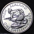 New Zealand Shilling, 1965 Proof-Like~25,000 Minted~Crouched Maori Warrior~Fr/Sh