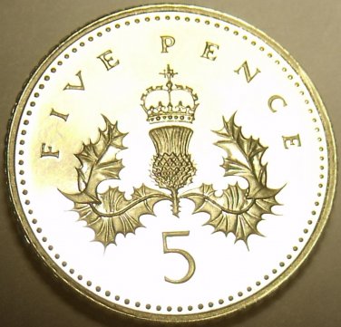 Great Britain 5 Pence, 1990 Cameo Proof~Large Type~100,000 Minted~Free Shipping