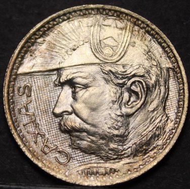Brazil 2000 Reis, 1935 Gem Unc Silver~Duke Of Caxias~Toning~Free Shipping