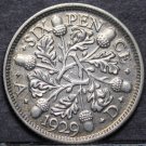 Great Britain 6 Pence, 1929 Silver~Oak Leaves With Acorns ~Free Shipping