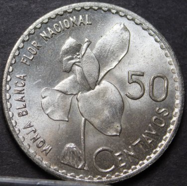 Guatemala 50 Centavos, 1963 Gem Unc Silver~Whitenun Orchid~Free Shipping
