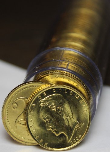 Gem Unc Roll (50) Colombia 2004 20 Peso Coins~Simon Bolivar~Brass~Free Shipping