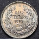 Chile 10 Centavos, 1899 Gem Unc Silver~RARE~1st Year~Condor~Free Shipping