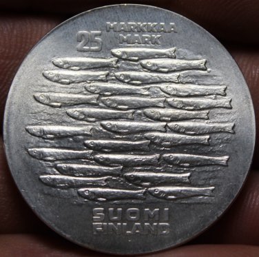 Finland 25 Markkaa, 1979 Gem Unc Silver~750th Anniv of Turku~School of Fish~Fr/S