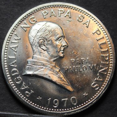 Philippines Piso, 1970 Gem Unc Silver~Rare~30k Minted~Ferdinand Marcos & Pope~FS