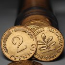 Gem Unc Roll (50) Germany 1961-F 2 Pfenning Coins~Minted In Stuttgart~Free Ship