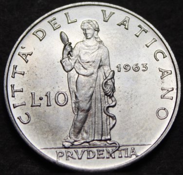 Vatican City 10 Lire, 1963 Gem Unc~Prudence Standing With Snake~90k Minted~Fr/Sh