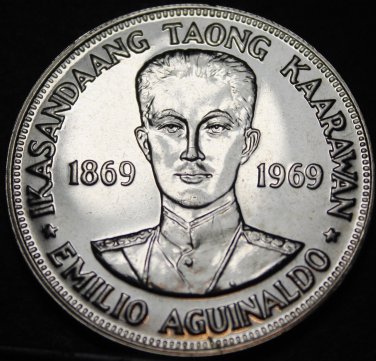 Phillipines Piso, 1969 Silver Proof-Like~RARE~100k Minted~Birth Of Aquinaldo~F/S