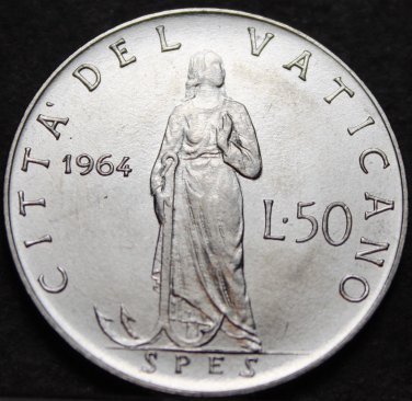 Vatican 50 Lire, 1964 Gem Unc~Spes With Large Anchor~120,000 Minted~Free Ship