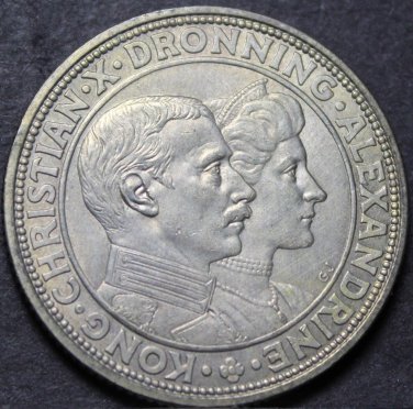 Denmark 2 Kroner, 1923 HCN GJ Silver Gem Unc~Silver Wedding Anniversary~RARE~F/S