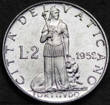 Vatican City 2 Lire, 1952 Gem Unc~Fortude Standing With a Lion~Free Shipping