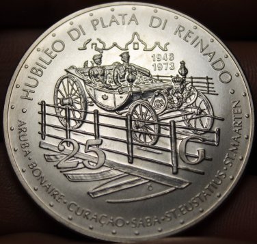 Netherland Antillies 25 Gulden, 1973 Gem Unc Silver~Royal Carriage On Bridge~F/S
