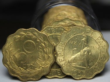 Unc Roll (20) Paraguay 1953 50 Centimo Coins~Only Year~Lion With Liberty Cap~F/S