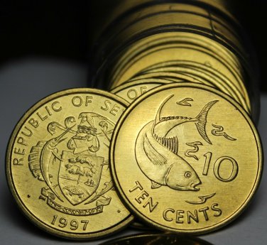 Gem Unc Roll (50) Seychelles 1997 10 Cent Coins~Yellowfin Tuna~Swordfish~Fr/Ship