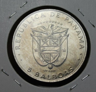 Panama 5 Balboas, 1975 Unc~MINT ERROR~Non Silver Coin Marked as .925~RARE~Fr/Shi