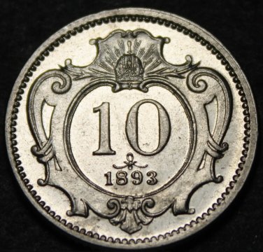 Austria 10 Heller, 1893 Gem Unc~RARE~Over 125 Years Old~Free Shipping
