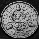 Great Britain 3-Pence, 1936 Silver~Oak Leaves And Acorns~Free Shipping Great Britain 3-Pence, 1936 Silver~Oak Leaves And Acorns~Free Shipping