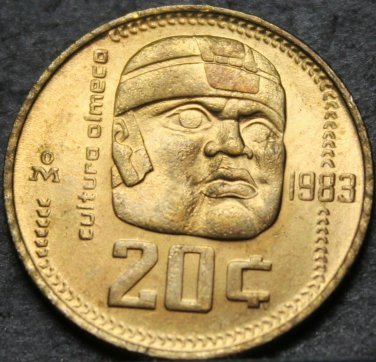 Mexico 20 Centavos, 1983 Gem Unc~Olmec Culture~1st Year~Free Shipping