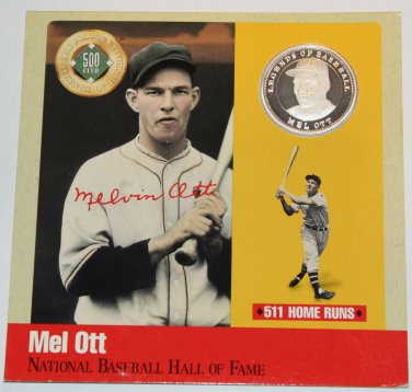 Rare .999 Silver Proof Mel Ott 500 Club~Legends Of Baseball Cooperstown~Free Shi