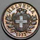 Switzerland 2 Rappen, 1932 Gem Unc ~Almost 90 Years Old~Original Mint Luster~F/S