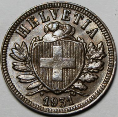 Switzerland 2 Rappen, 1931 Unc ~Almost 90 Years Old~Original Mint Luster~Fr/Ship