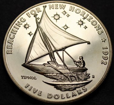 Marshall Islands 5 Dollars, 1992 Gem Unc~Tipnol~Reaching For New Horizons~Fr/Shi