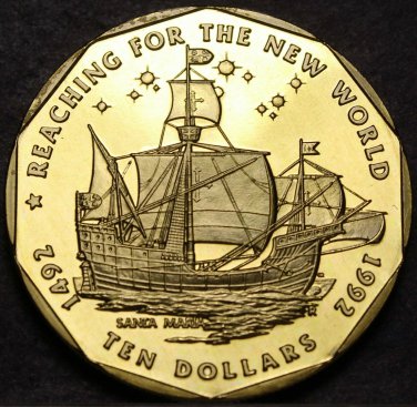 Marshall Islands 10 Dollars, 1992 Gem Unc~The Santa Maria Ship~Brass~Free Shi