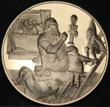 Solid Bronze Proof Franklin Mint Medallion~Santa's Workshop Making Toys~Free Shi