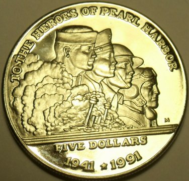 Gem Unc Marshall Islands 1991 5 Dollars~To The Heroes Of Pearl Harbor~Free Ship