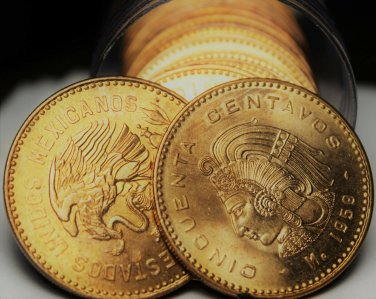 Gem Unc Roll (20) Large Mexico 1959 50 Centavos~Aztec King Cuauhtemoc~Free Ship
