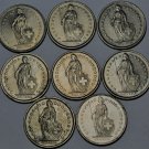 Lot Of 8 Switzerland Large 2 Franc Coins~1968-1987~Helvetia~Free Shipping