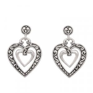 DESIGNER STYLE SCROLLED SILVER DOUBLE HEART EARRINGS