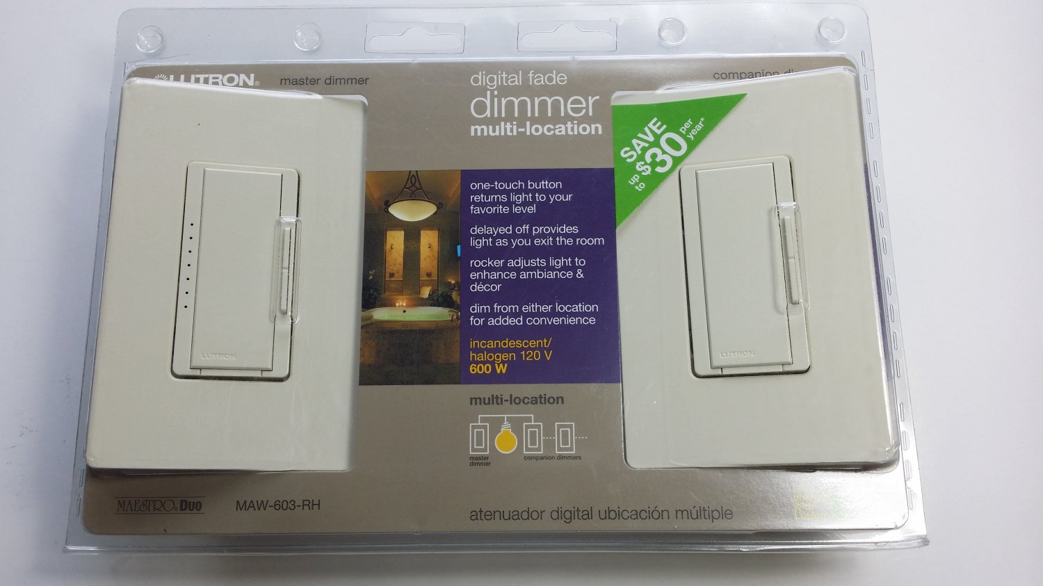Lutron MAW-603-RH-LA 600-Watt Maestro 3-Way Dimmer Kit, Light Almond