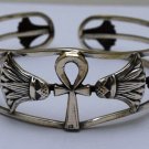 Hall marked Egyptian Pharaoh Silver Cuff Bracelet, 800, Ankh with Lotus