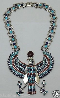 Hall marked Egyptian Pharaoh Silver Necklace,Winged Horus,Real Natural Gemstone