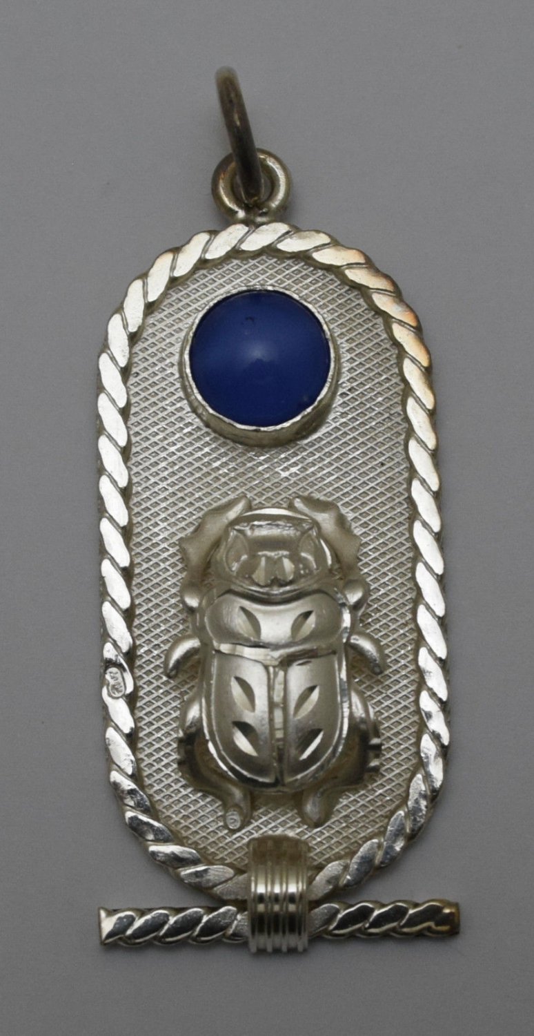 Hall marked Egyptian Pharaoh Silver Pendant 800,Cartouche with Scarab &Lapis