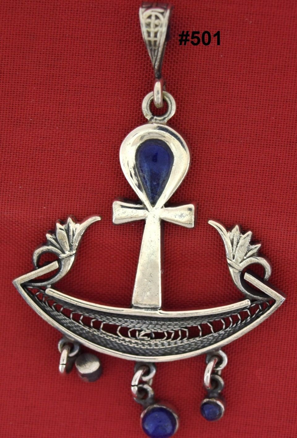 Hall marked Egyptian Silver (Key of life, Louts flower) with Natural Lapis