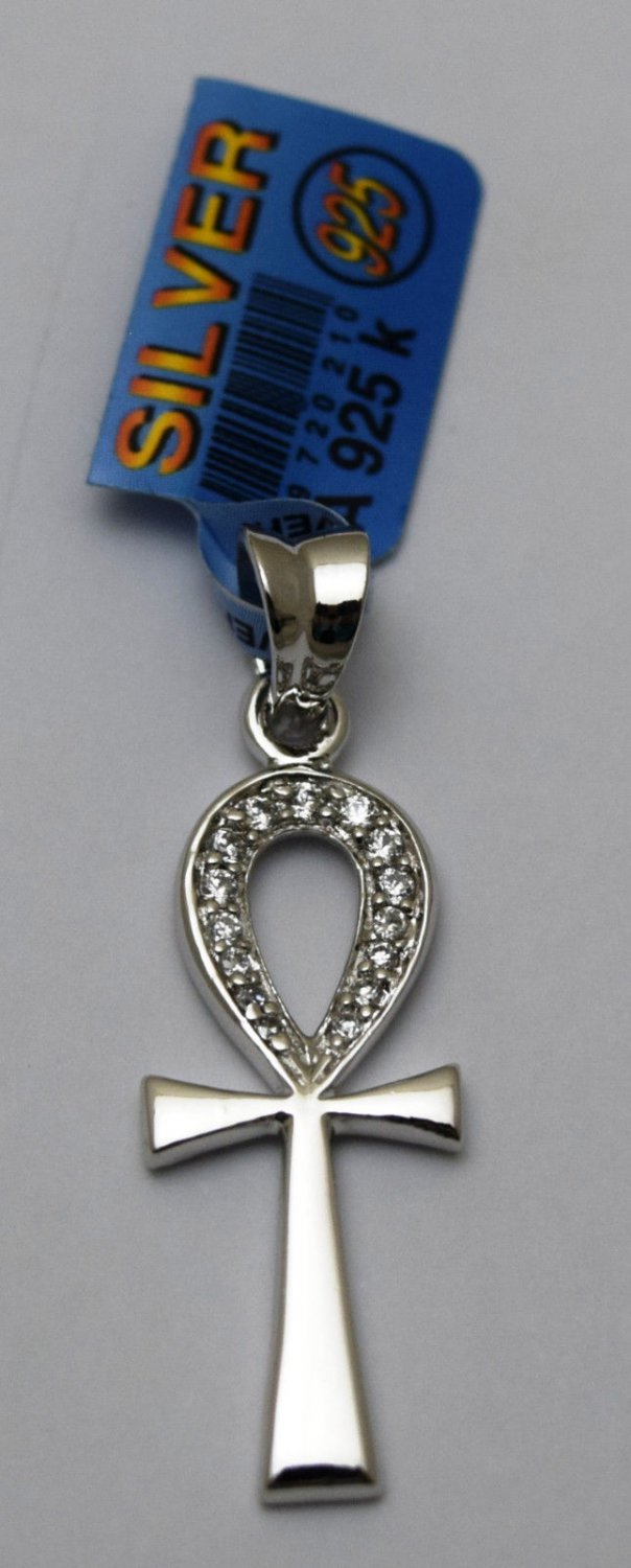 Hall marked Egyptian Pharaoh Silver Platinum Plated Pendant,925,Ankh with Zircon