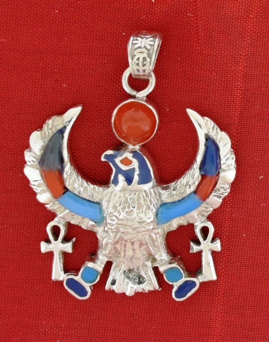 Hall marked Egyptian Pharaoh Silver Pendant,925,Horus with Lapis,Turquoise,Coral