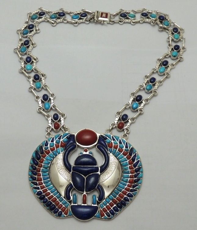 Hall marked Egyptian Pharaoh Silver Necklace,Winged Scarab,Real Natural Gemstone