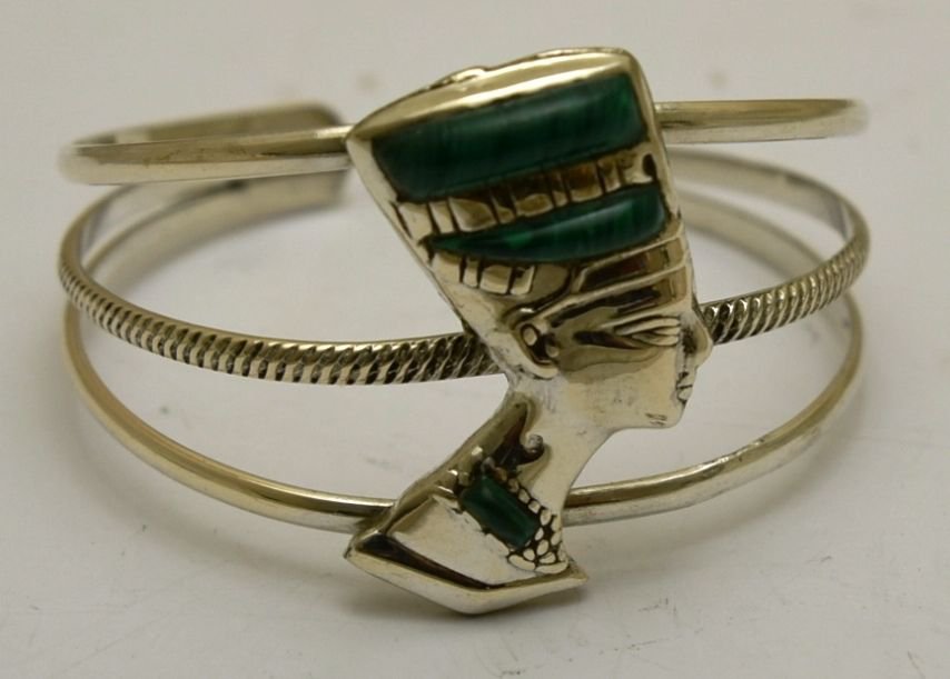 Hall marked Egyptian Pharaoh Silver Cuff Bracelet, 800, Nefertiti with Malachite