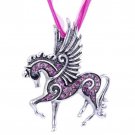 Pink Purple Pegasus Pendant Ribbon Necklace Inlay Crystal