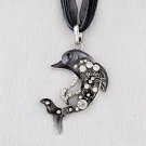 Black Dolphin Pendant Ribbon Necklace Inlay Crystal