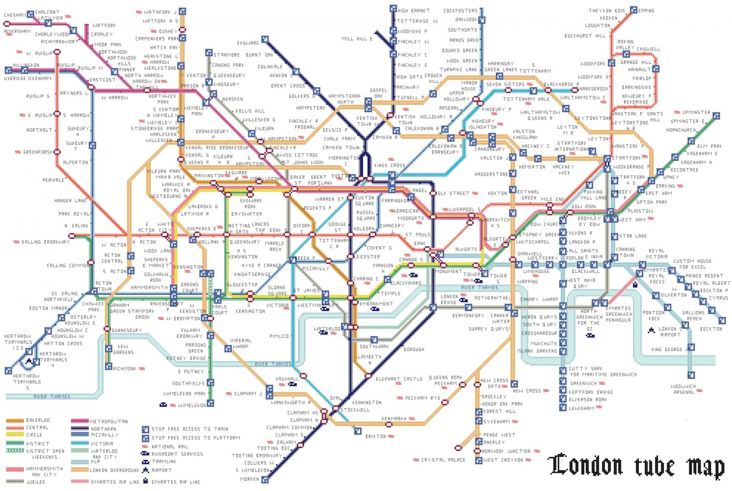 Tube map of london with texts of station - 35.21" x 23.29" - Cross Stitch Pattern Pdf E1178