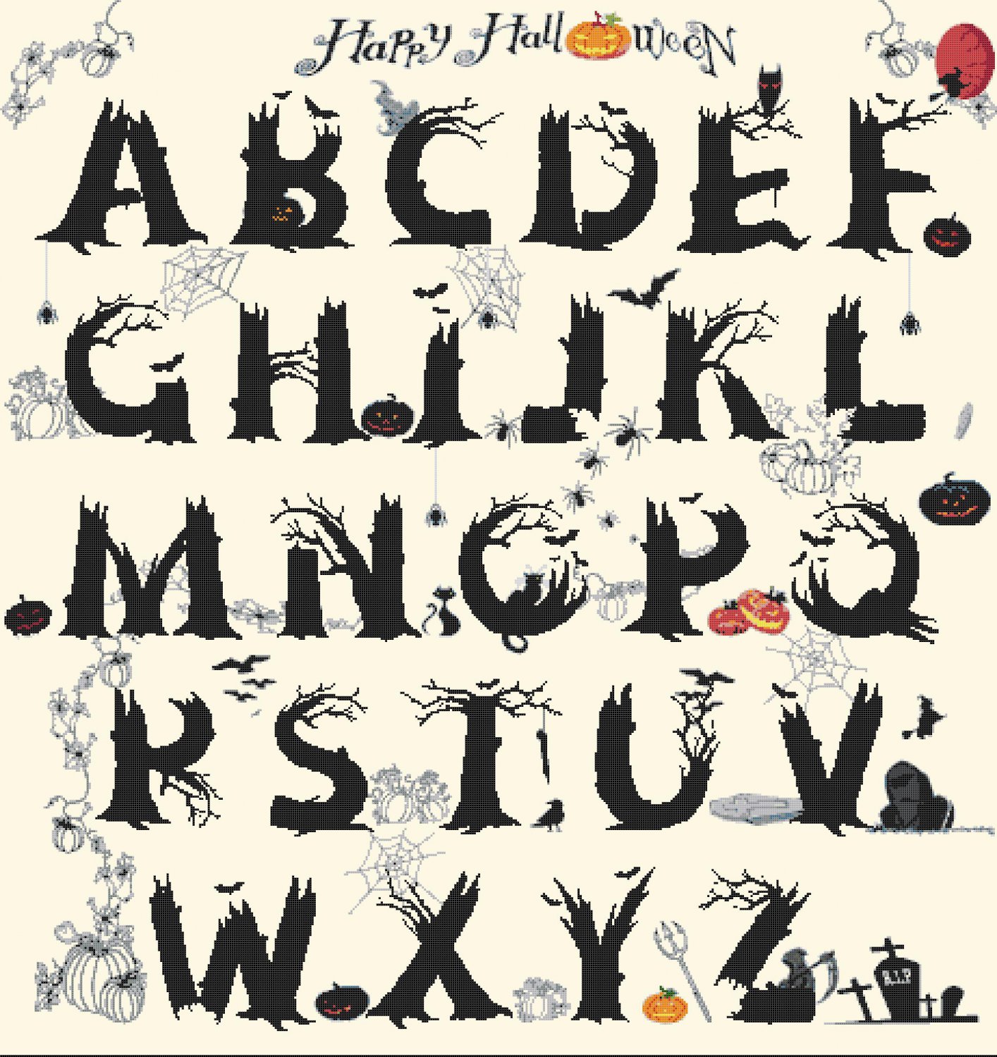 counted cross stitch pattern happy halloween ABC alphabet 461*489 stitches E1232